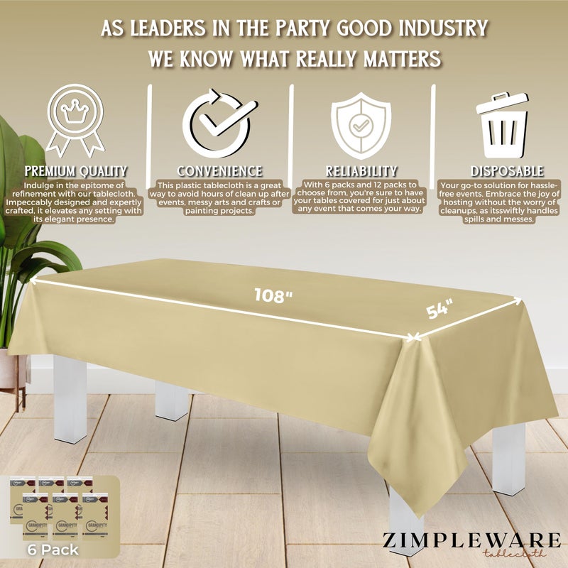 ZIMPLEWARE Premium Beige Plastic Table Cloth Disposable (6 Pk) Plastic Tablecloths for Rectangle Tables (54in x 108in) Party Table Cloths Disposable for 6ft to 8ft Rectangle Tables - Image 3